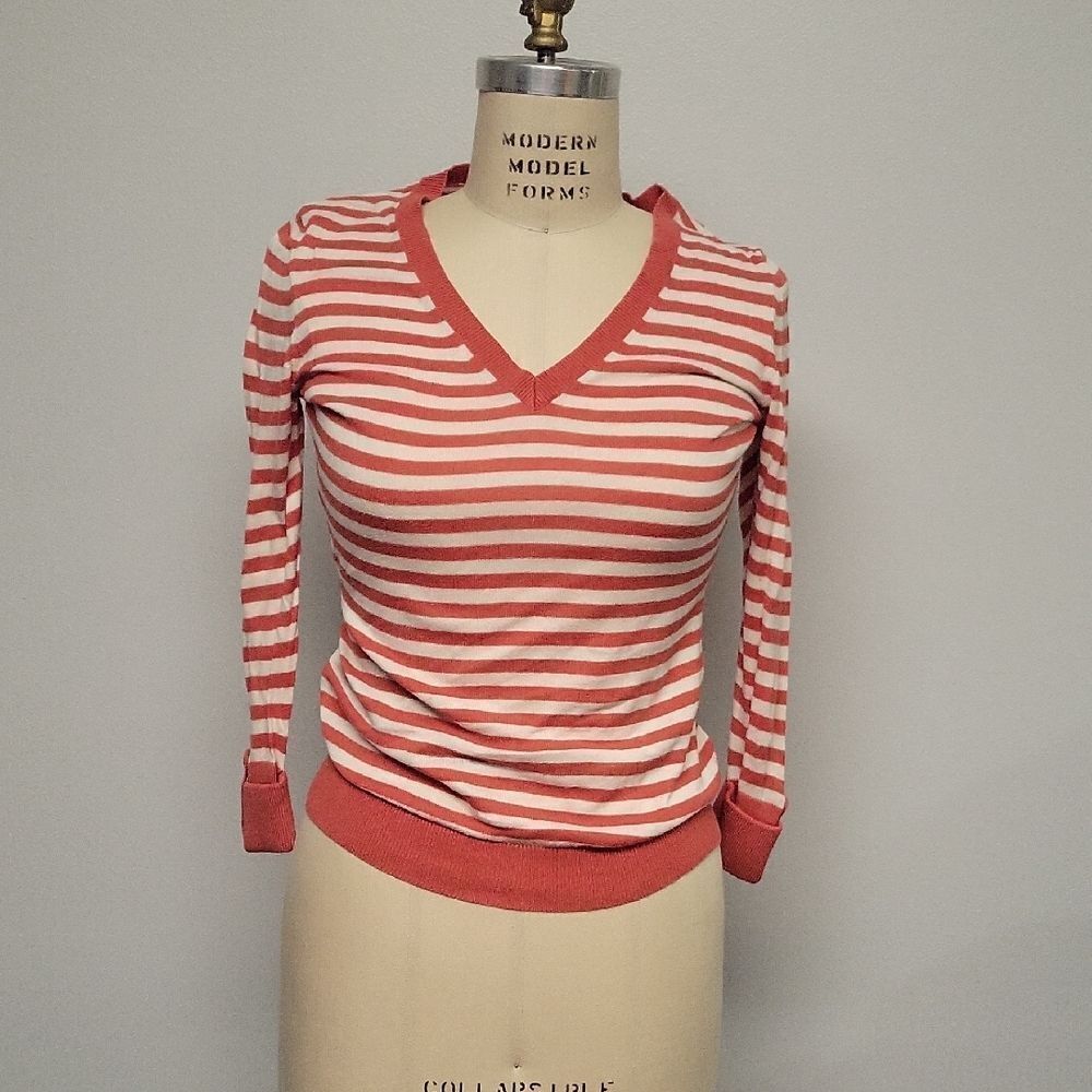 Banana Republic Salmon and White Striped V-Neck Sweater, Size S